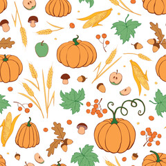 Vector seamless pattern of autumn harvest symbols: pumpkins, wheat ears, corn cobs, berries, mushrooms in flat doodle style. Colorful background, texture. Theme: happy fall, Thanksgiving, harvesting