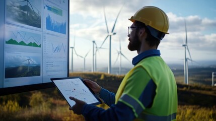 Engineer monitoring wind turbines using a digital tablet in a field. Renewable energy management concept.