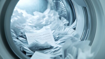 Papers inside washing machine drum. Conceptual photography representing data destruction or document mishandling