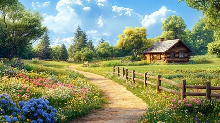 Obraz premium A Rustic Cabin in a Meadow with a Winding Path