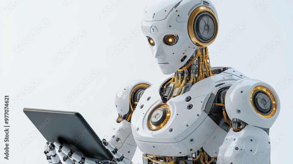 Aufkleber advanced humanoid robot holding a tablet device. futuristic technology and artificial intelligence c