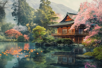 japanese temple in spring. Japanese culture concept.
