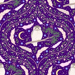 Owl feather botanical garden seamless pattern. Night owlet moon floral print background. Good for fabric, fashion design, textile, wallpaper, wrapping paper.