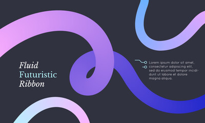 Gradient fluid line. Banner template with abstract flowing ribbon on dark gray background. Vector illustration. Blend palette. Brochure design. Tech trendy flyer.