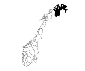 Fototapeta premium Map of finnmark County in Norway country on white background. single County map highlighted by black colour on Norway map. Norwegian, NOR