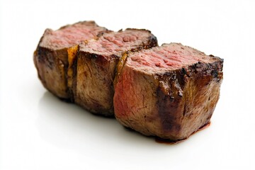 Obraz premium Three succulent grilled beef steaks are resting on a white surface, ready to be enjoyed