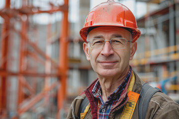 Focus on a charismatic architect, in the background construction for a mega warehouse cranes.