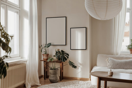 Blank black frame mockups in nordic contemporary scandinavian living room interior. Empty template of two posters or wall arts mock up din A ratio, home interior in beige tones, white wall background