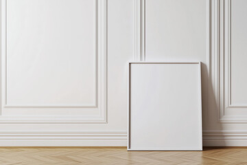 A blank frame rests against a decorative white wall with classic paneling, set on a light wooden floor in a minimalist interior.
