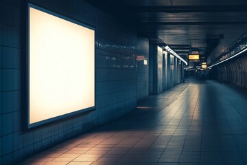 mockup of a backlit billboard in a subway station at night.