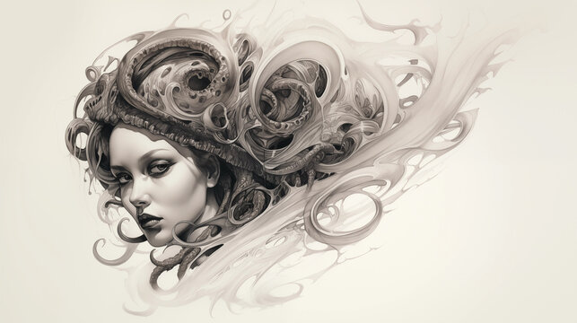 Frauengesicht mit Octopus-Tentakeln. Medusa-Konzept. Zeichnung / Skizze in schwarz-wei&szlig; vor hellem Hintergrund