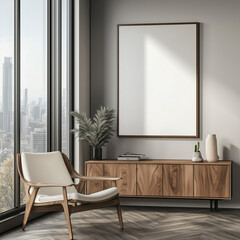 A chic modern room featuring a blank frame, wooden sideboard, elegant chair, and large windows overlooking a cityscape, creating a calm atmosphere.
