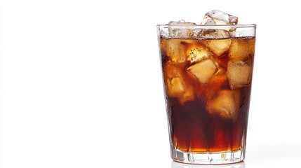A vanilla-infused cold brew coffee in a clear glass with ice cubes, isolated on a white background.