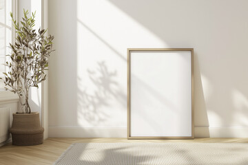 A blank wooden frame leans against a sunlit wall with a potted plant nearby, creating a serene and minimalist interior atmosphere.
