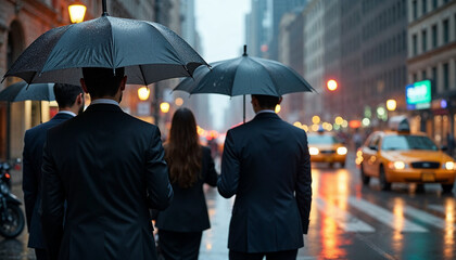 Businesspeople with umbrellas on a rainy New York street, with reflections and urban ambiance.






