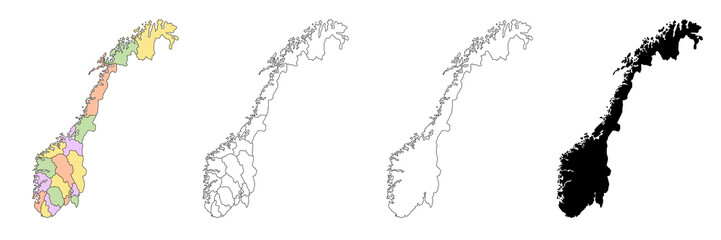 Norway administrative map, Norway outline and counties, territories, and regional map set - illustration version