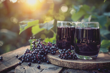 Glasses of fresh elderberry syrup and elderberries on a wooden table on a natural background.