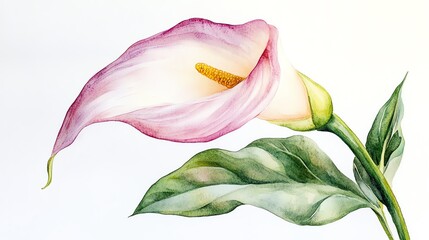 A beautiful watercolor illustration of a pink calla lily flower, showcasing its delicate petals and vibrant green leaves.