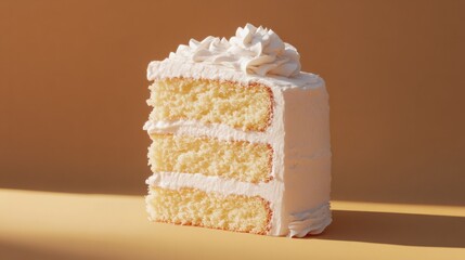 A slice of vanilla layer cake with fluffy frosting between the layers, presented in a neat, clean cut.