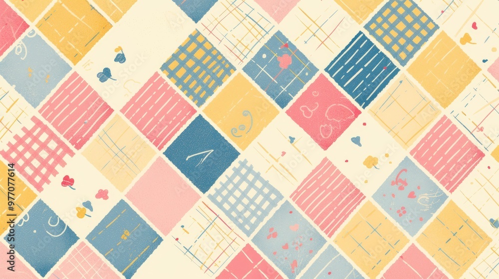Poster vector illustration of a charming checkered pattern featuring pastel cottagecore doodles simple geom