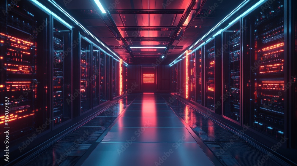 Poster server room interior with glowing red and blue lights. high-tech data center with server racks.
