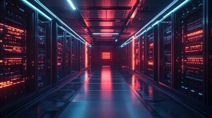 Fototapeta premium Server room interior with glowing red and blue lights. High-tech data center with server racks.