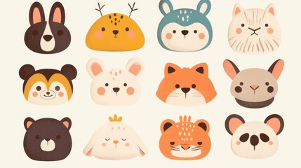 Obraz premium Set of vector illustrations featuring cute baby animal faces Hand drawn character cards ideal for printing graphics and posters with a trendy Scandinavian design for kids