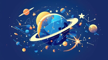 Vector illustration of a whimsical planet and stars depicting a galaxy in outer space Hand drawn doodle style on a blue backdrop