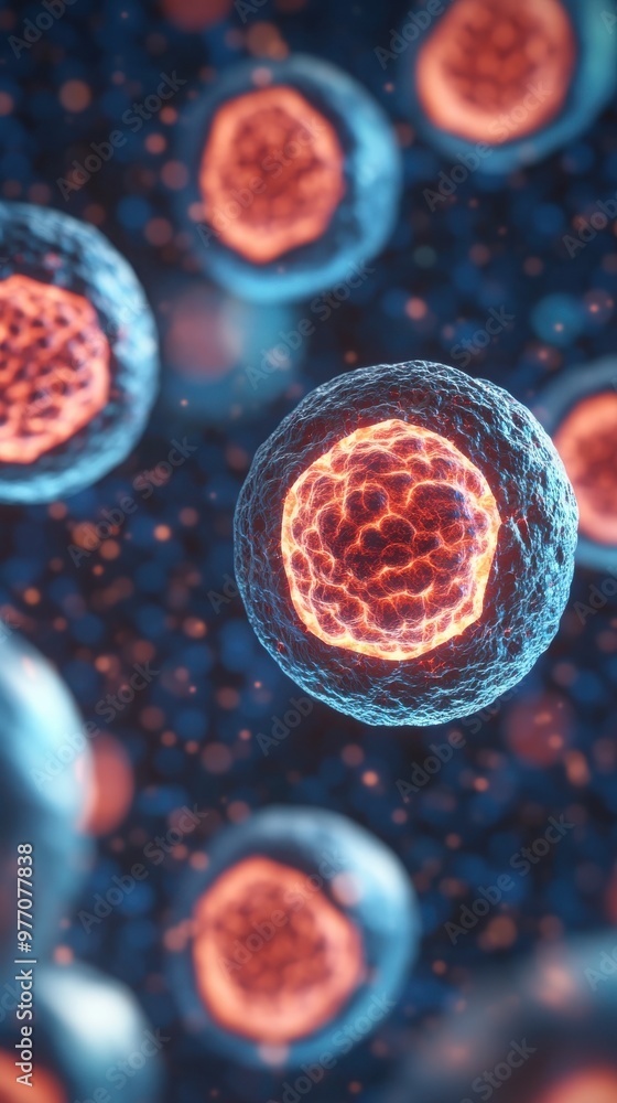 Poster a close-up view of vibrant cells under a microscope, showcasing intricate details and dynamic struct