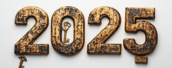 Golden metallic 2025 numbers with vintage keys on a textured background symbolizing future opportunities and unlocking new possibilities