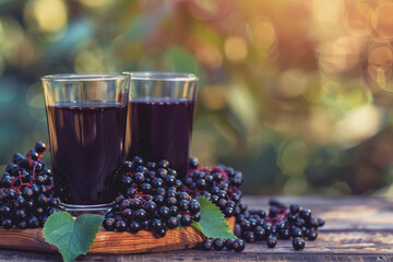 Glasses of fresh elderberry syrup and elderberries on a wooden table on a natural background.