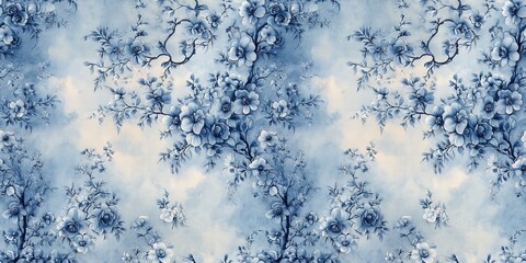 Elegant Historical Rococo Wall Painting: Seamless Vintage Design with Blue and White Pastel, Early 20th Century