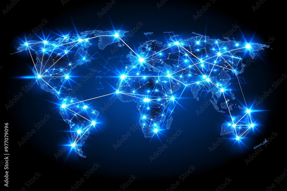 Poster global network, connected world. digital map with light and dots for communication, technology
