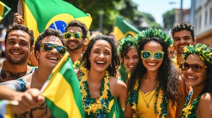 Group of people celebrating with Brazilian flags and wearing festive accessories outdoors.