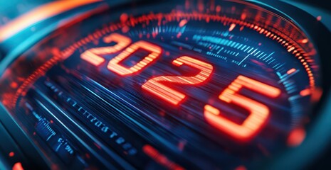 Futuristic speedometer display highlighting the year 2025 with neon red and blue light effects