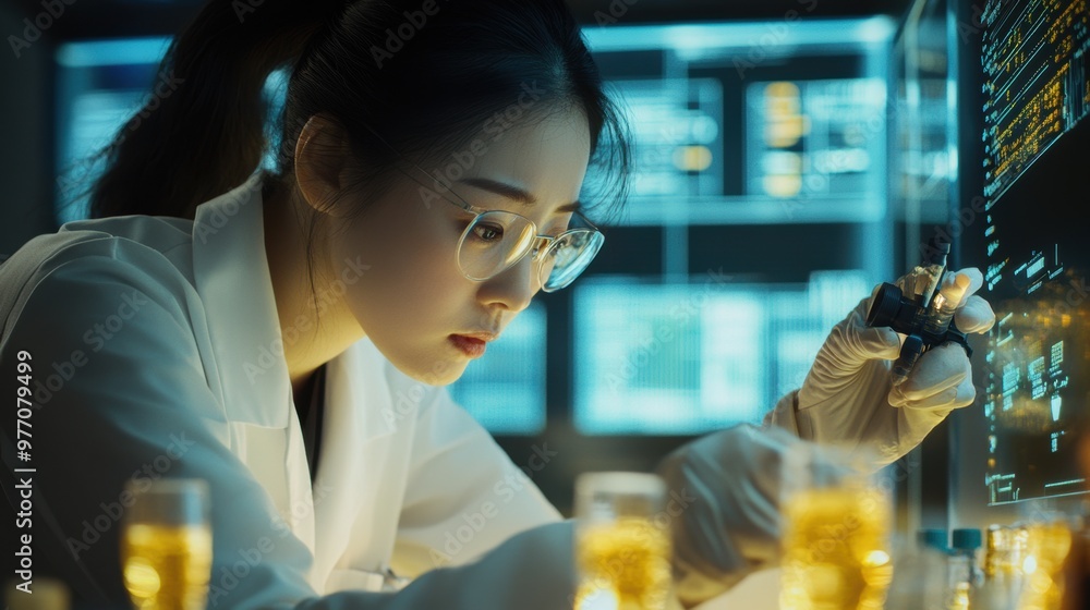 Poster scientist examining sample in a lab with high-tech digital equipment.