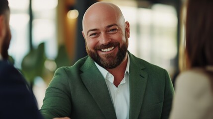 Fototapeta premium Bald man in green suit smiling during business handshake. Professional meeting in office environment.