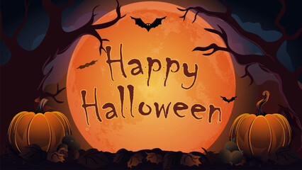 Halloween background with pumpkin, full moon in orange tones