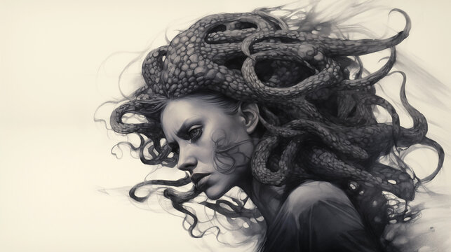 Frauengesicht mit Octopus-Tentakeln. Medusa-Konzept. Zeichnung / Skizze in schwarz-wei&szlig; vor hellem Hintergrund