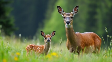 In a lush meadow, a mother roe deer and her baby graze peacefully. They are part of the wildlife that lives in this natural habitat.