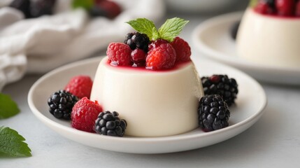 A vanilla panna cotta dessert with a smooth texture, garnished with fresh berries on the side.