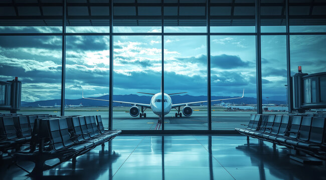 A modern airport terminal waiting area with a large passenger plane visible through the glass windows. - Powered by Adobe