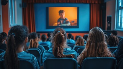 Obraz premium Children watching a movie in a cinema, educational and entertainment concept for kids.