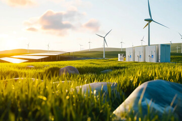 Modern battery energy storage system with wind turbines and solar in grass fields