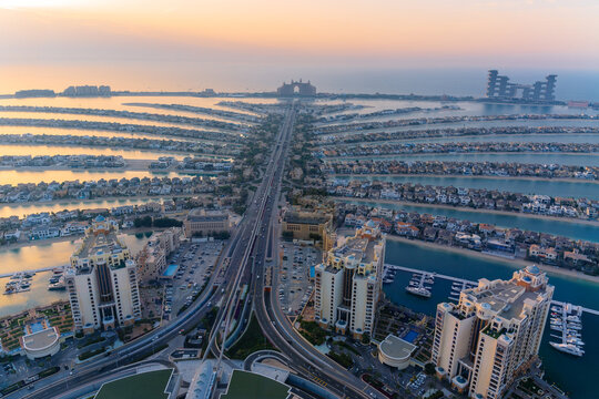 Aerial view of Palm Jumeirah during sunset in Dubai, UAE
