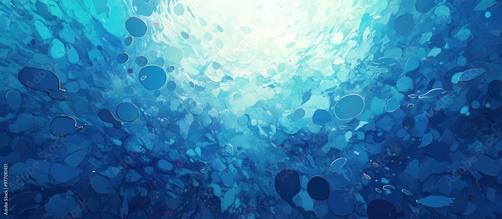 Aufkleber underwater scene featuring shades of cyan and dark marine blues ink dispersing in water with light f