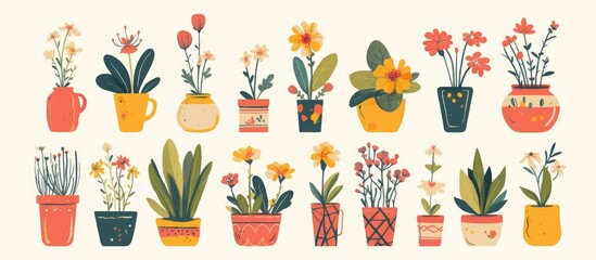 Flower pots filled with blooming plants displayed against a white background