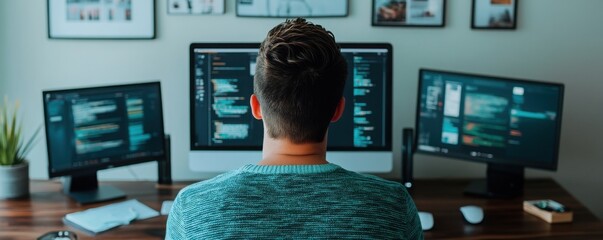 A focused individual working on multiple computer screens in a modern office environment, showcasing productivity and technology.