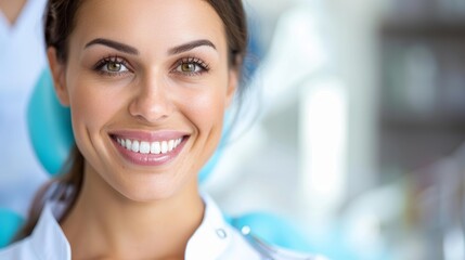 Obraz premium Content patient smiling after thorough dental cleaning in a calming clinic setting