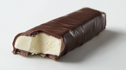 A vanilla-flavored ice cream bar coated in a chocolate shell, partially unwrapped on a white background.